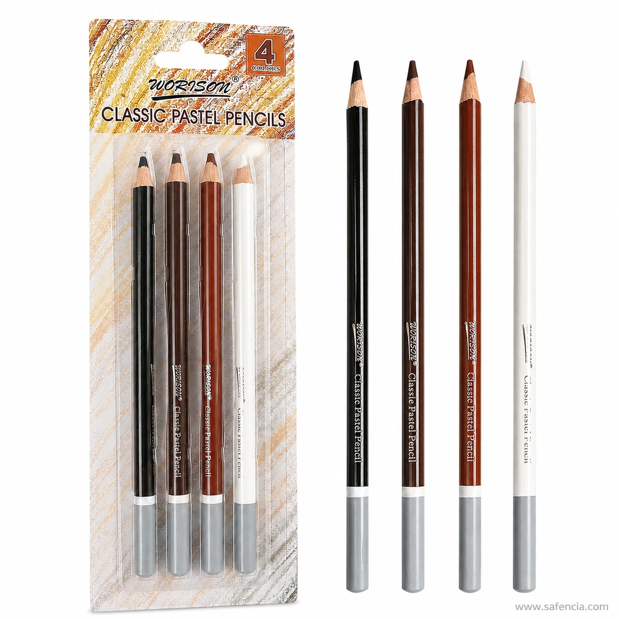 Tonal swatches of Worison black, white, sanguine, and sepia pastel pencils on paper