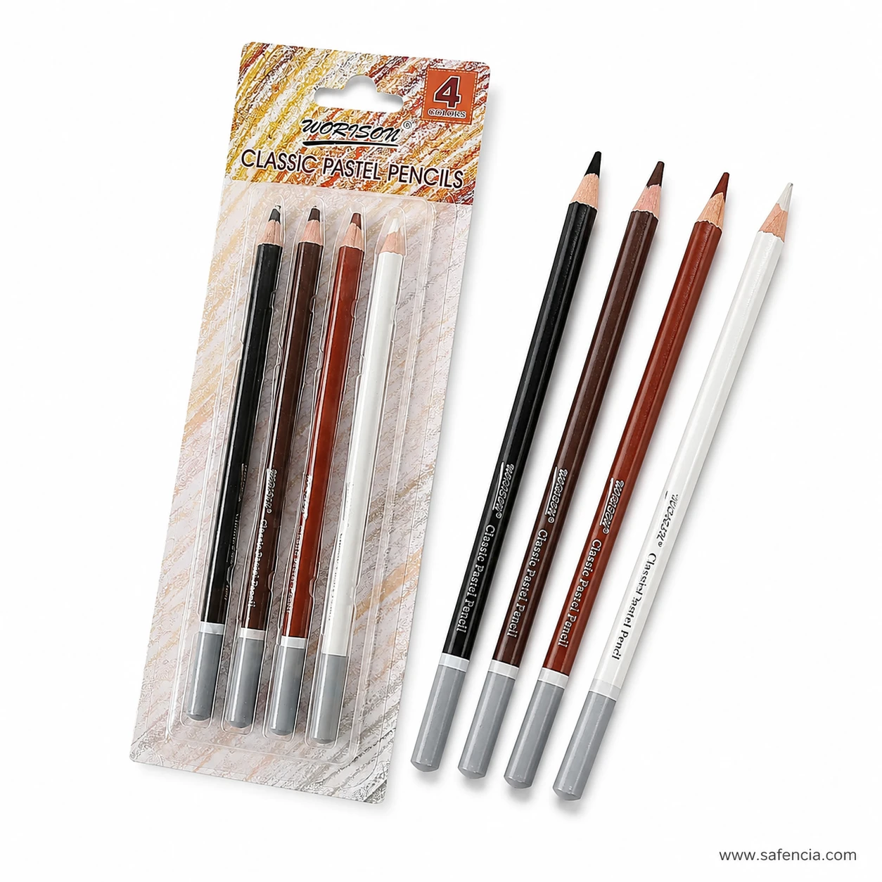 Angled view of the Worison classic soft pastel pencils with the four colours and blister pack on a white surface