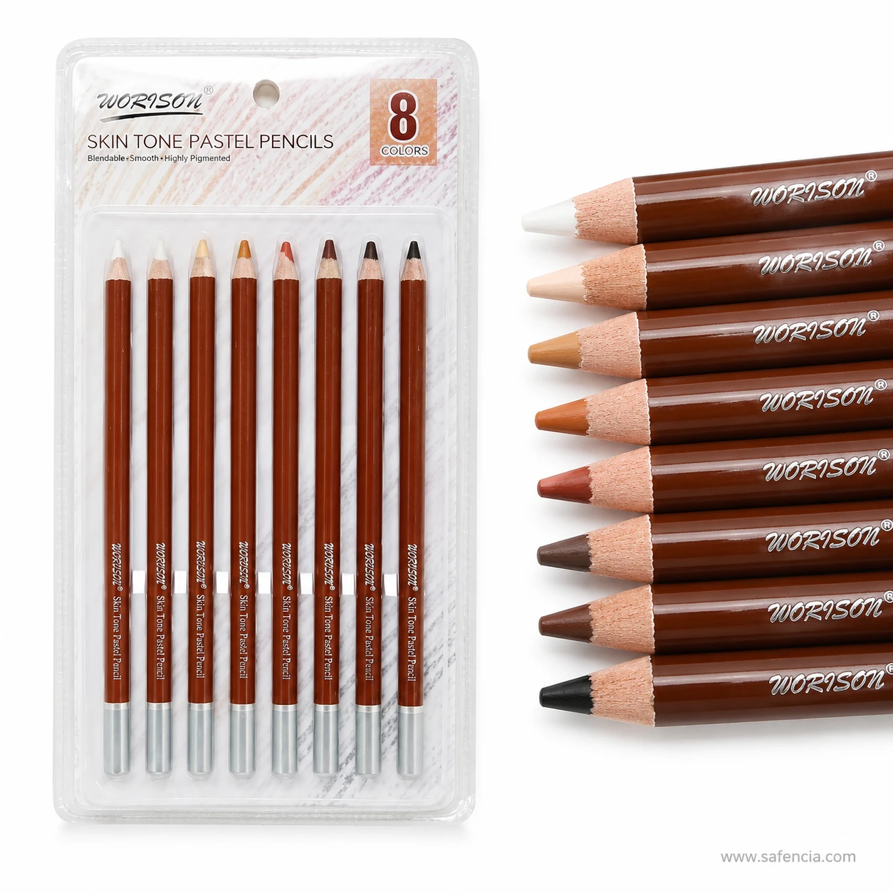 Worison skin tone pastel pencils fanned from the blister card, each brown barrel printed Worison Skin Tone Pastel Pencil