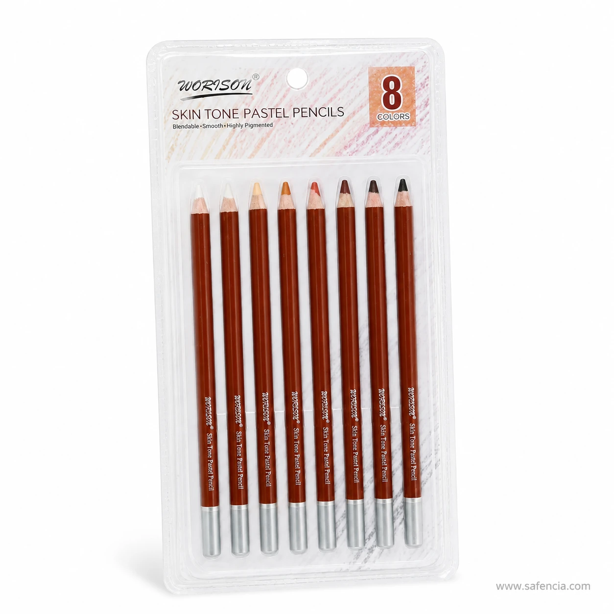 Worison skin tone pastel pencils blister pack front showing eight skin-tone pencils and the 8 colours badge