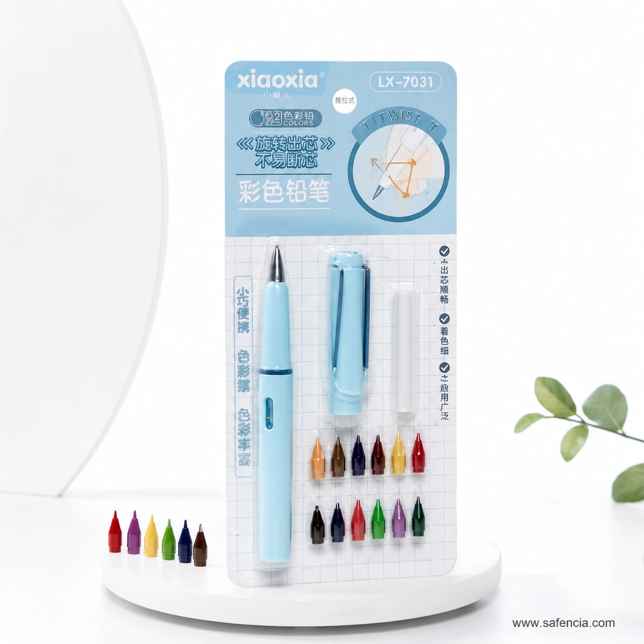 Colour pencil pen shape display with six loose colour tips in red, purple, yellow, green, blue and brown beside the pack