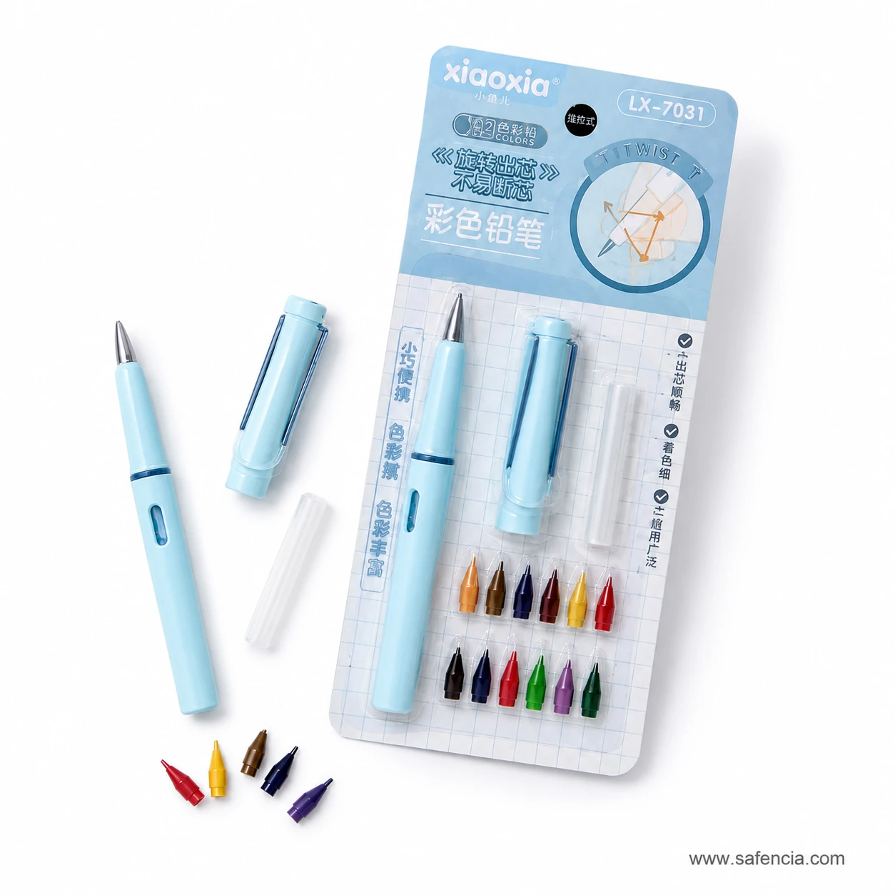 Colour pencil pen shape shown opened with the pen body, cap, clear tube and loose coloured tips beside the blister pack