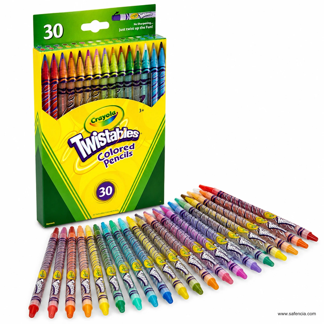 Crayola Twistables colored pencils box beside the pencils showing the coloured twist-up tips and clear plastic barrels