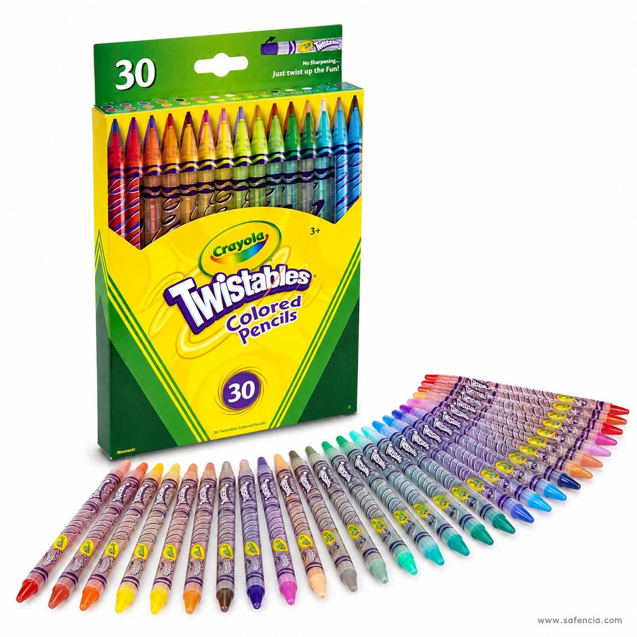 Crayola Twistables colored pencils fanned to show the full colour range from reds and yellows through greens and blues