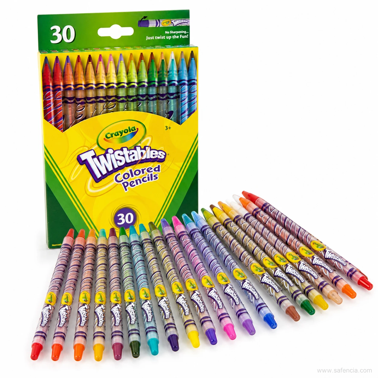 Full Crayola Twistables colored pencils set of 30 laid beside the green and yellow retail box on a white surface