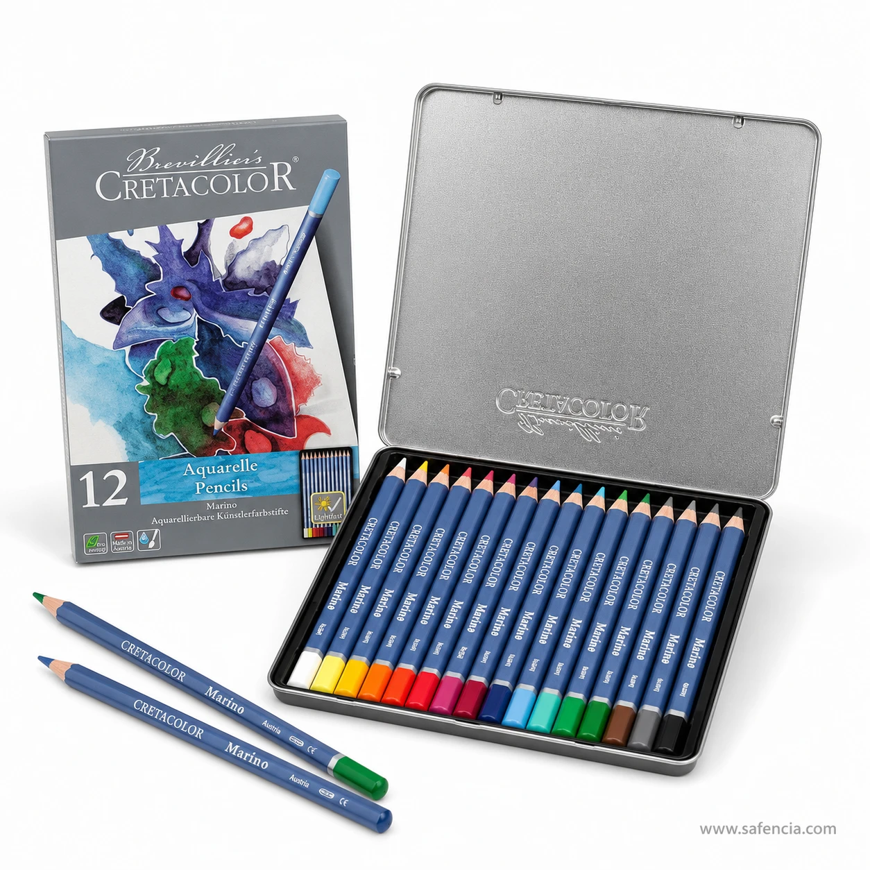 Cretacolor Marino Aquarelle 12 pencil set with open metal tin showing colour-dipped ends and two loose blue barrels