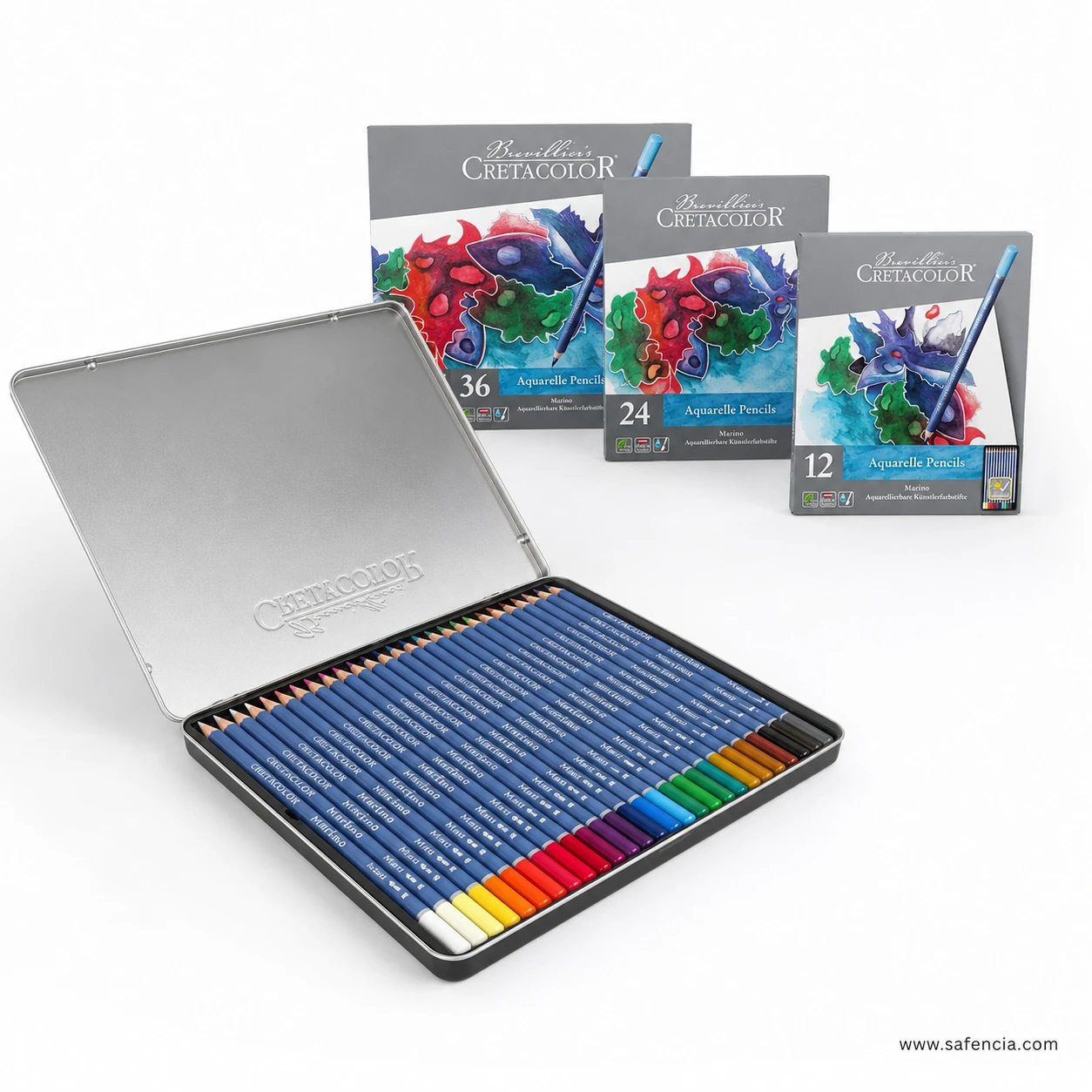 Open Cretacolor Marino Aquarelle colour pencils tin holding a full row of blue barrels in front of the printed boxes
