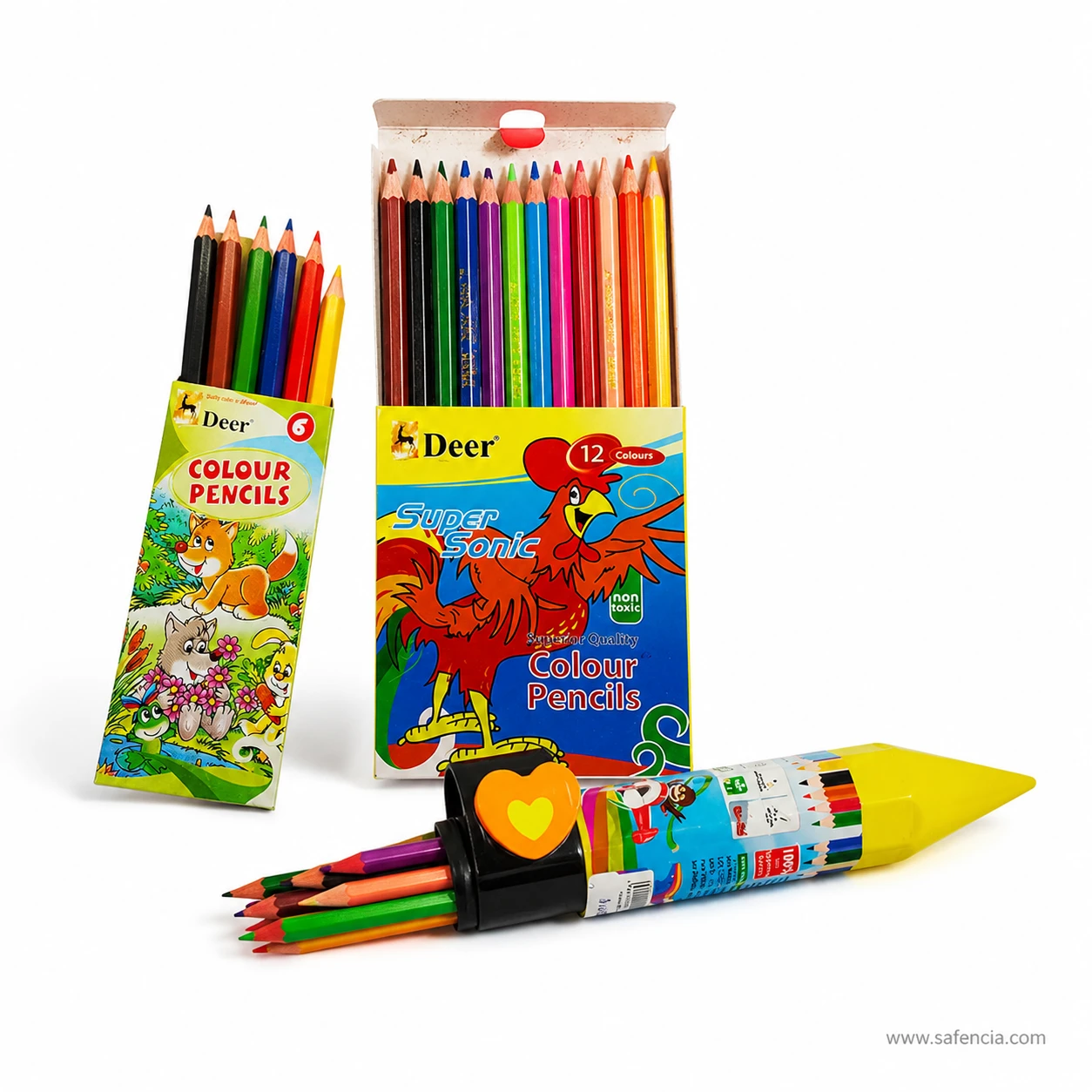 Deer colour pencils half size boxes open to show the short colour-matched pencils beside the yellow plastic pencil case