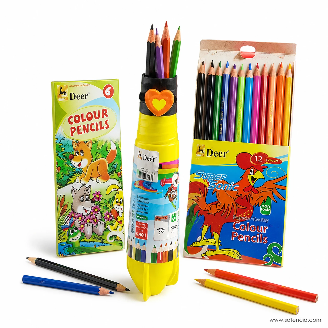 Deer half size colour pencils standing in the yellow pencil-shaped plastic case with loose short pencils in front
