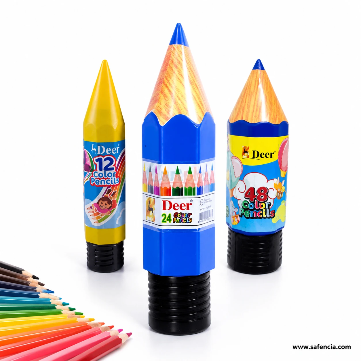 Angled view of the Deer colour pencils jars showing the wood-grain cone tips and black ribbed screw-off bases