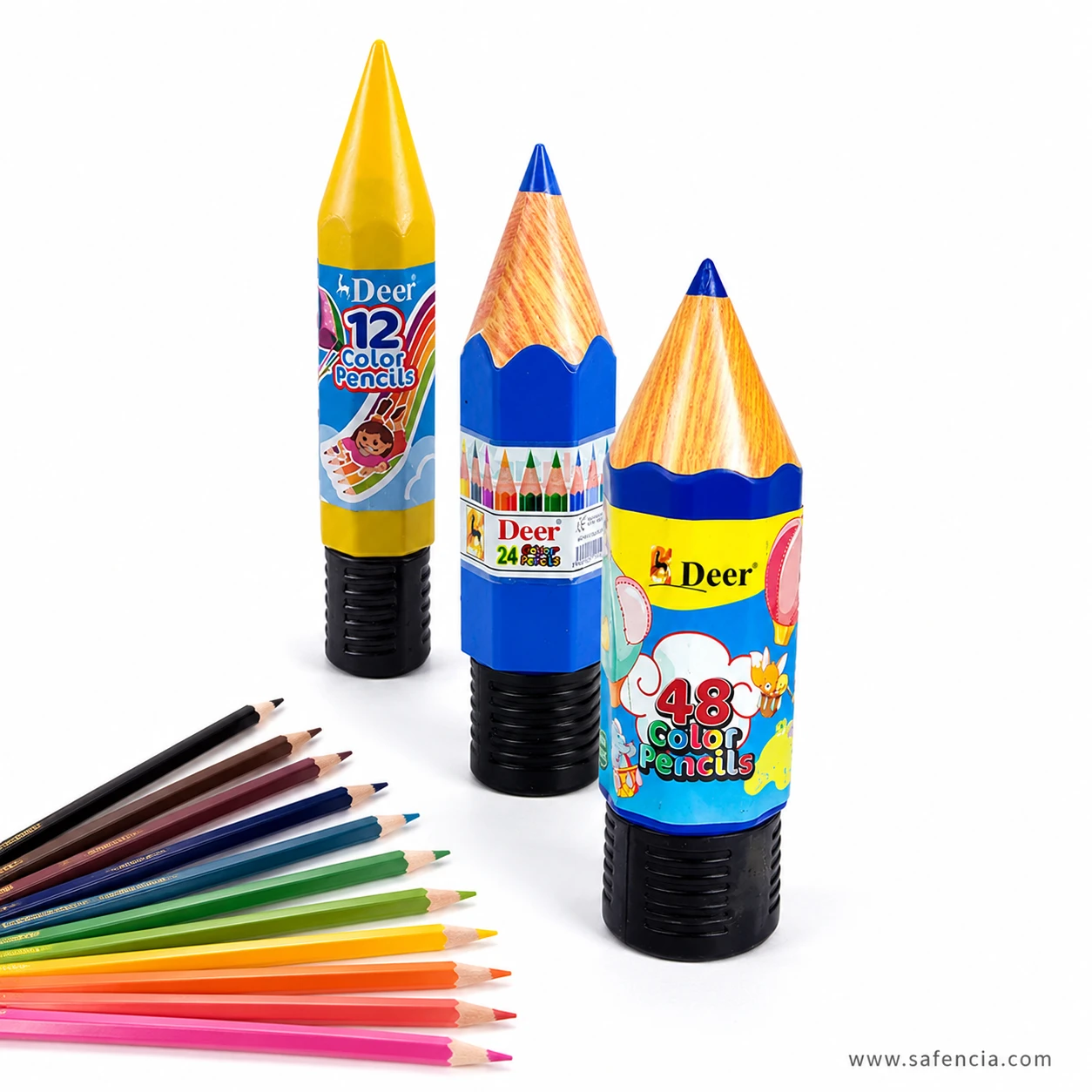 Deer colour pencils jar containers standing beside a fanned row of full-length colour pencils on a white background