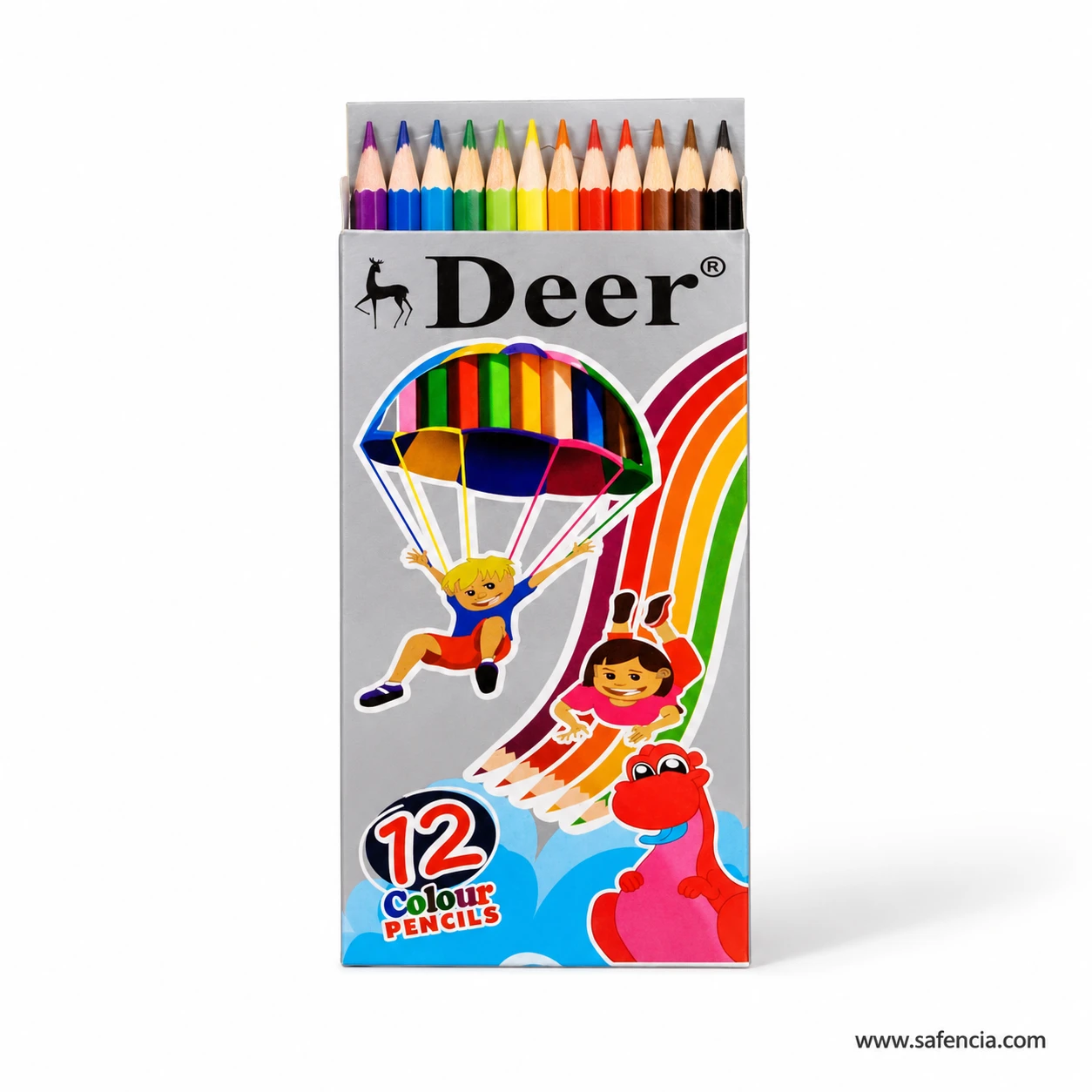 Front of the Deer colour pencils pack of 12 card box showing all twelve sharpened colour tips above the printed design