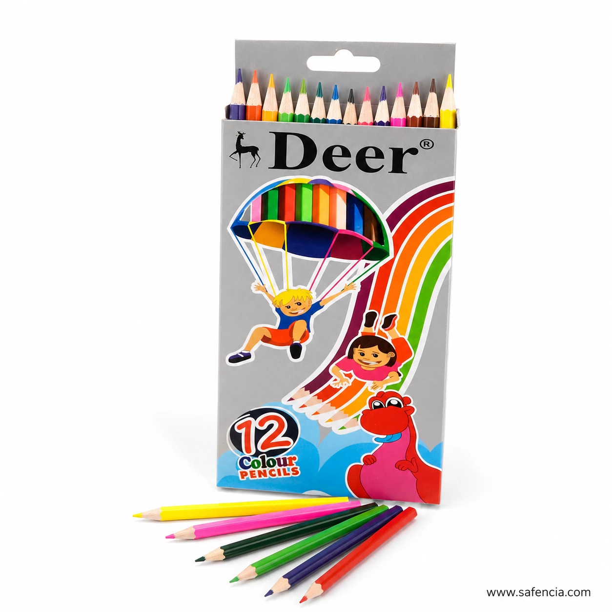 Deer colour pencils pack of 12 standing upright with loose yellow, pink, green, blue and red pencils in front