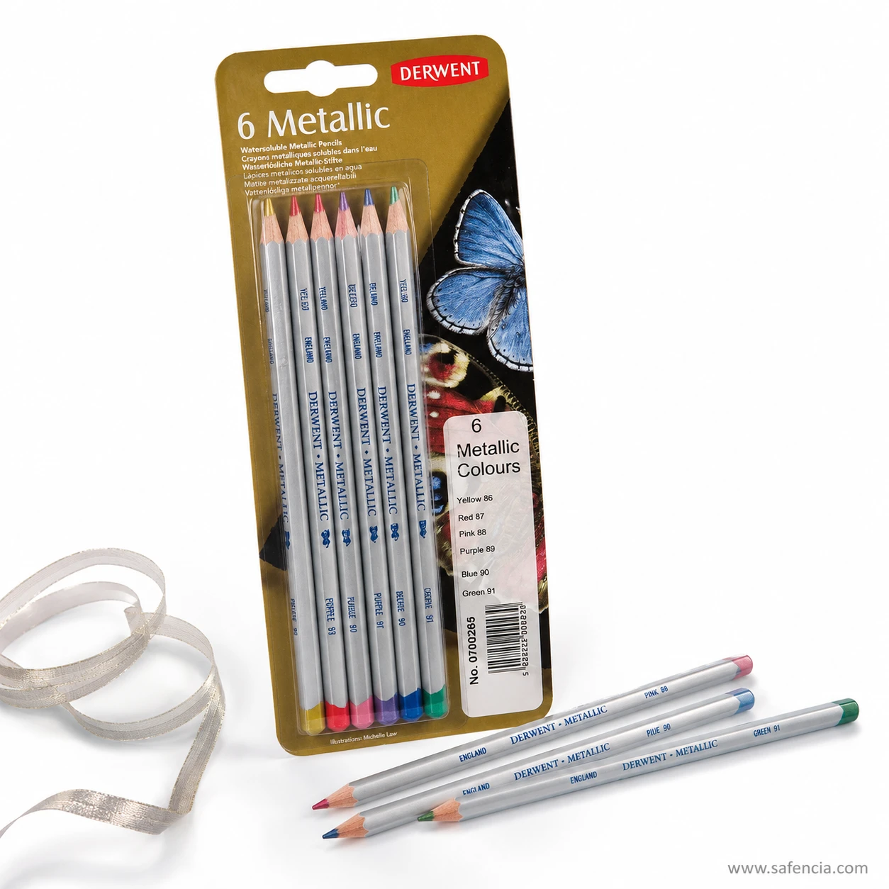 Derwent Metallic pencils on a white background showing the sharpened metallic tips and colour-dipped barrel ends