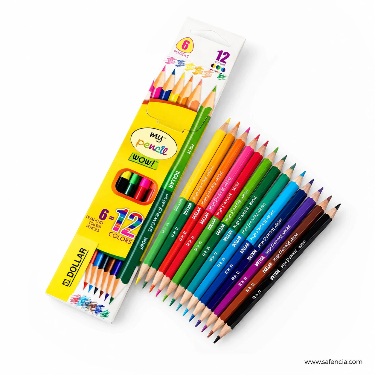 Dollar dual side colour pencils fanned out showing both sharpened ends in different colours beside the printed box