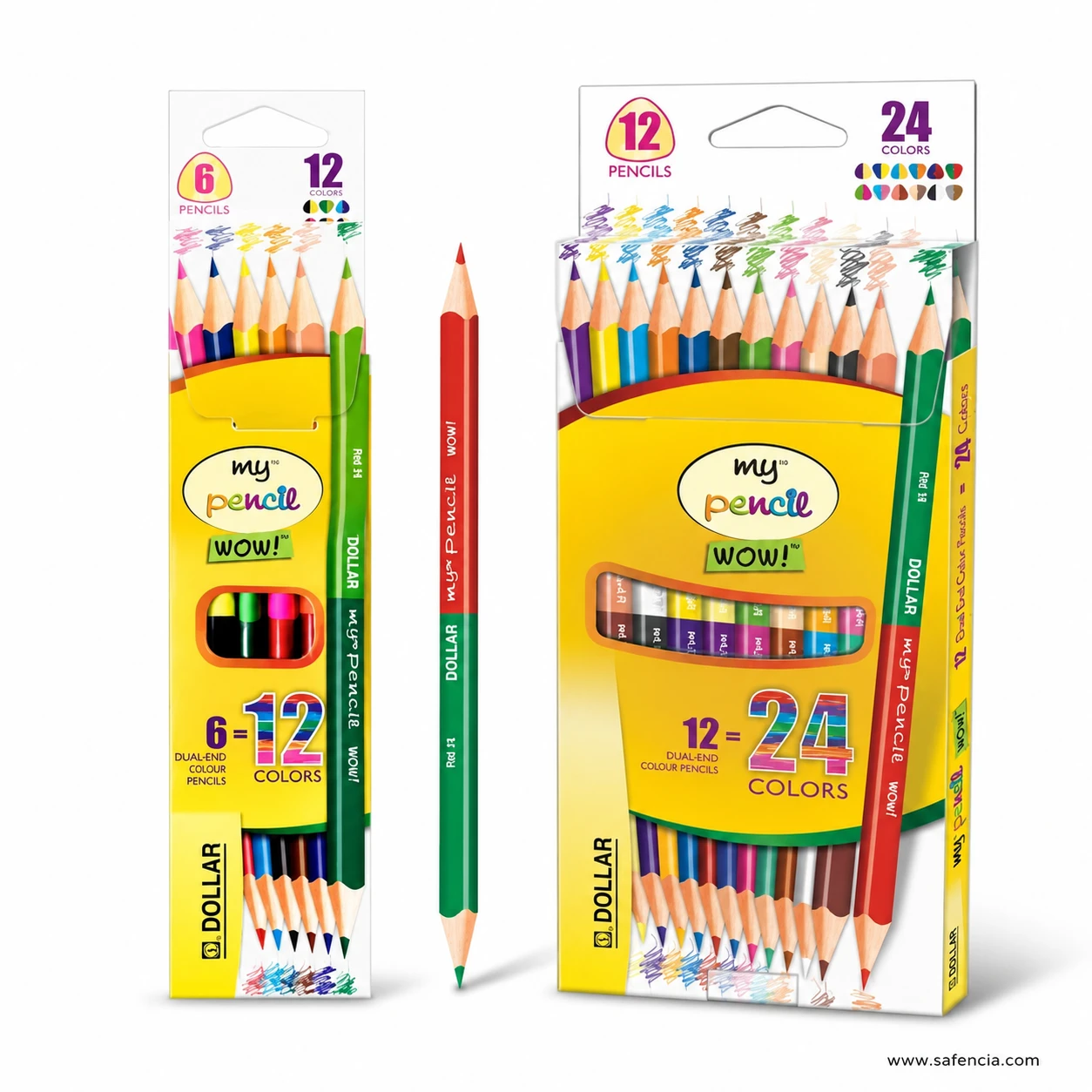 Close view of Dollar my colour pencil dual side triangular barrels printed with the My Pencil WOW branding