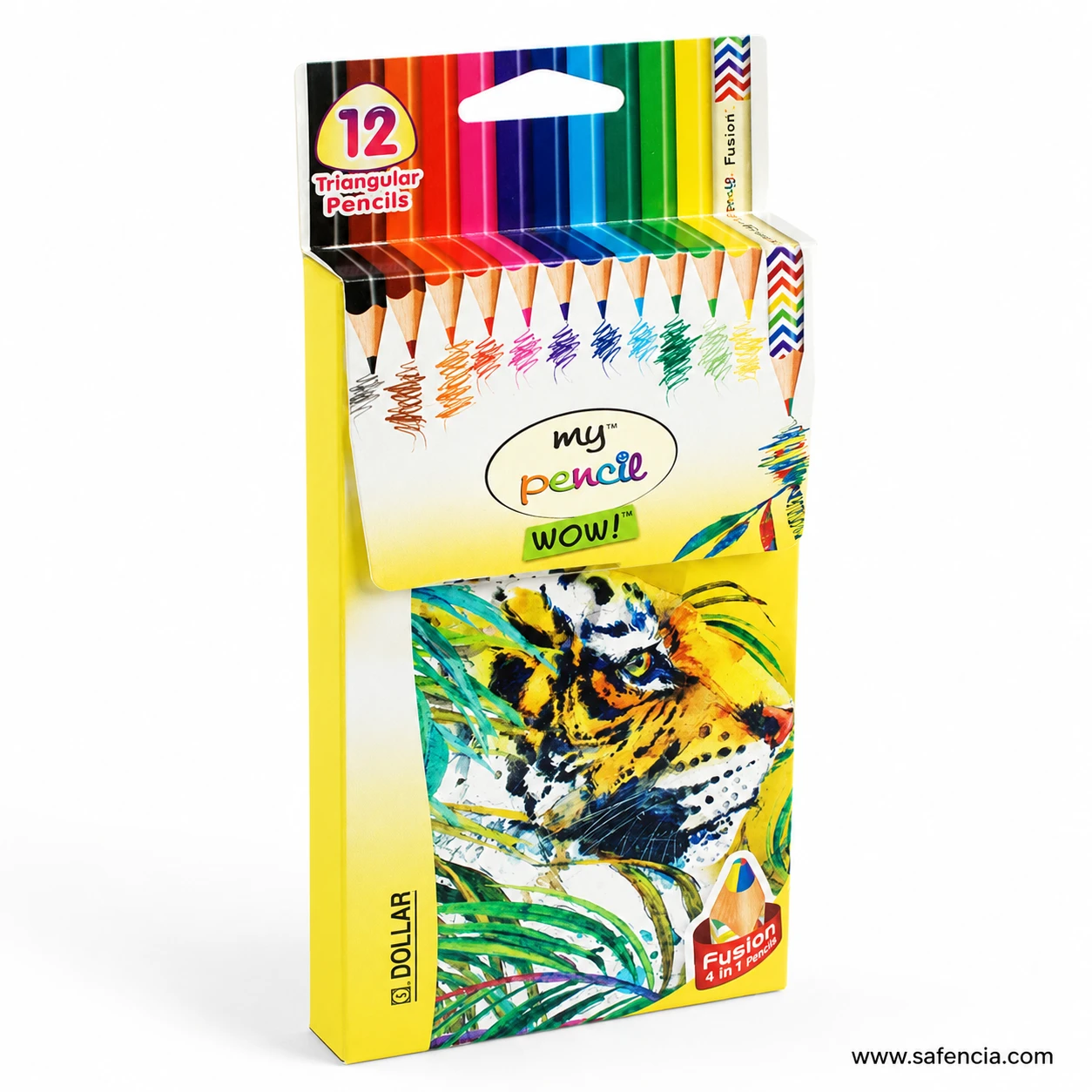Close view of the Dollar My Pencil 12 full size colour pencil box showing the twelve triangular barrels inside the pack