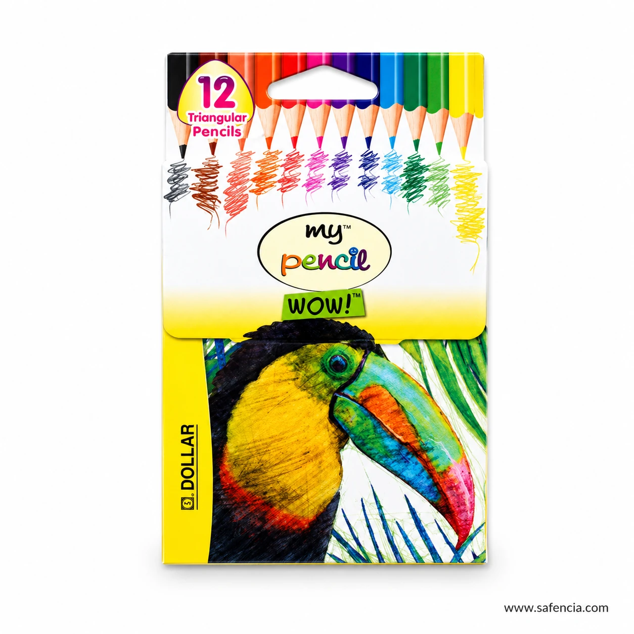 Dollar My Pencil colour 12 half size toucan pack shown front on with the printed colour swatch strip across the top