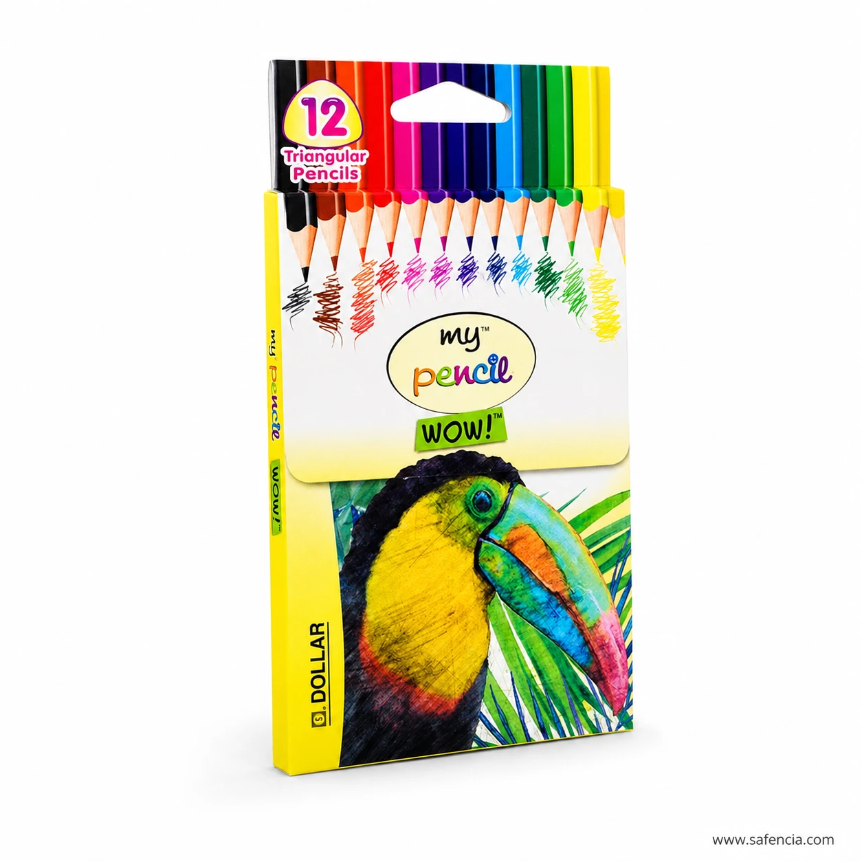 Angled view of the Dollar My Pencil 12 pcs half size box showing the short triangular colour pencil barrels inside