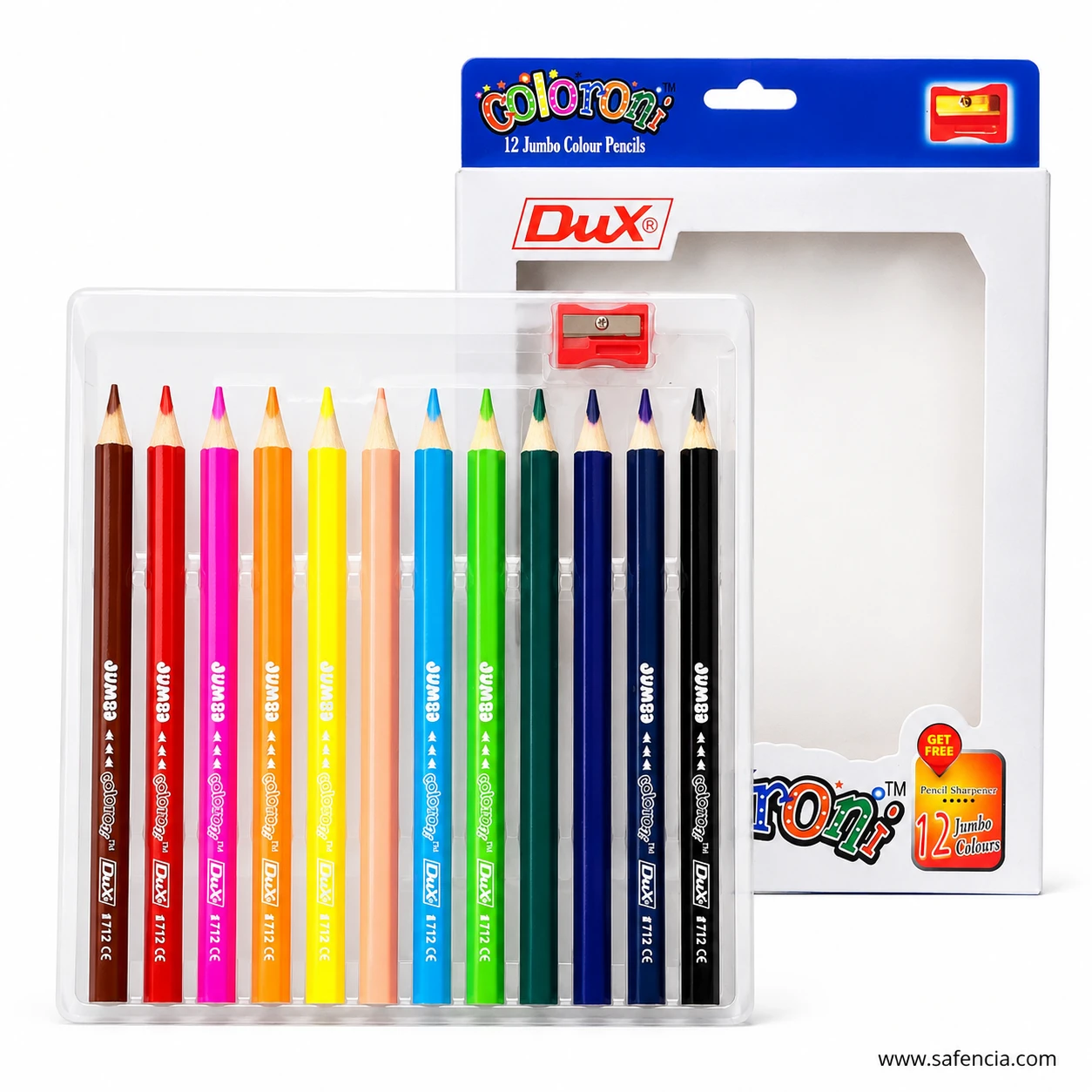 Dux Coloroni jumbo colour pencils blister tray of twelve thick pencils standing beside the printed Coloroni card box