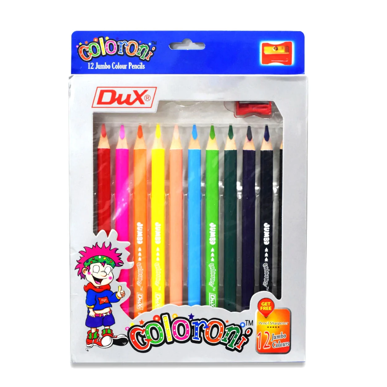 Dux Coloroni jumbo colour pencils 712 box front showing twelve jumbo barrels and the free sharpener badge on the pack