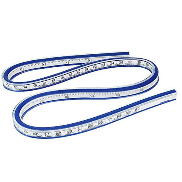 Coiled blue Flexible Curve Ruler showing metric and second numbered measurement scales