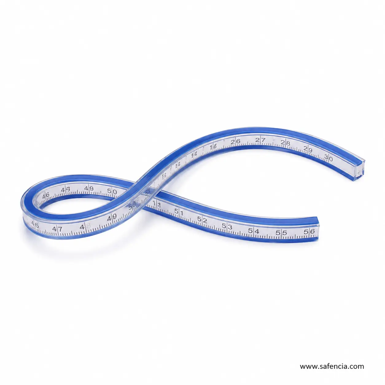 Flexible Curve Ruler with blue edges shaped into a loop and smooth crossing curves