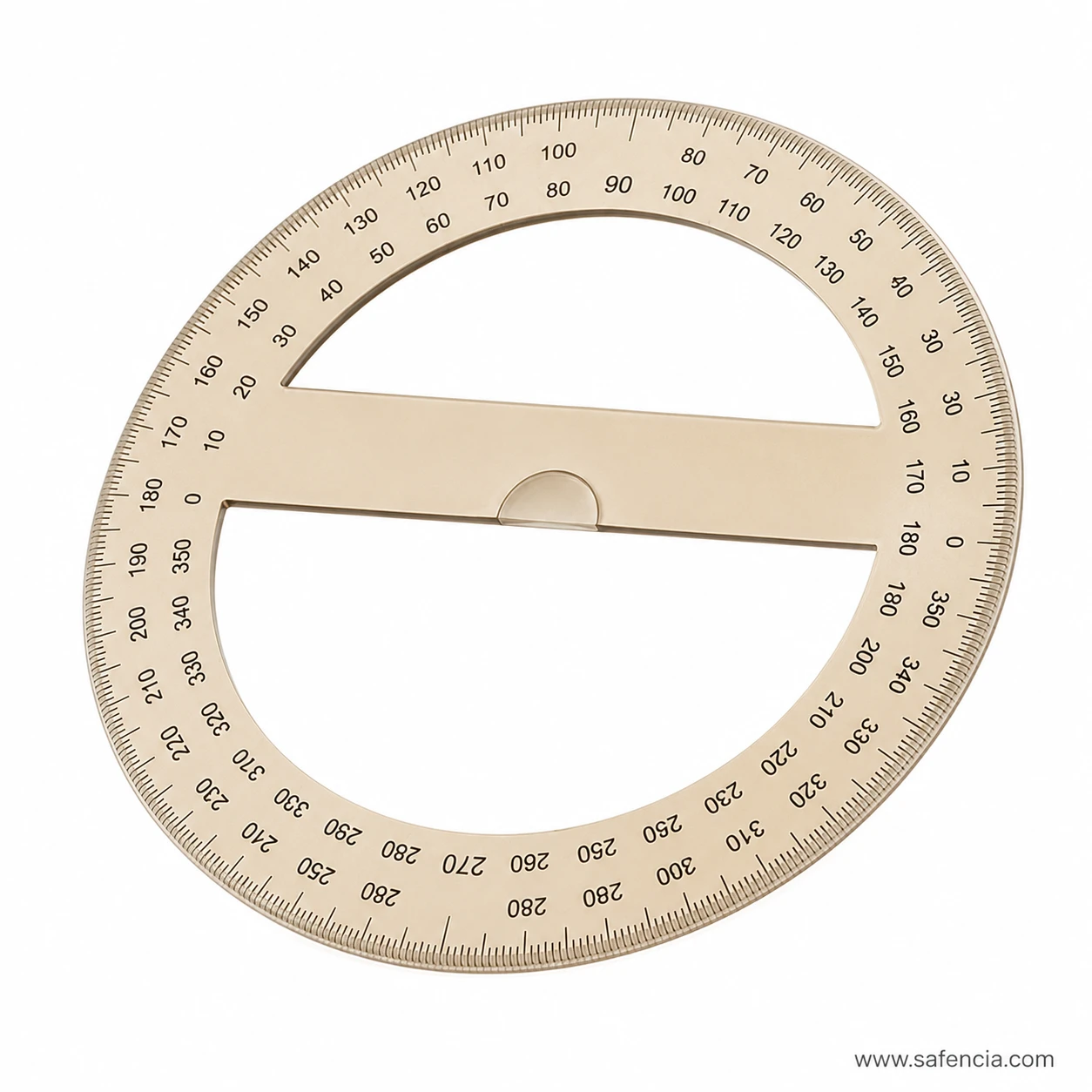 Full circle translucent protractor with dark degree markings for clockwise and reflex angle readings