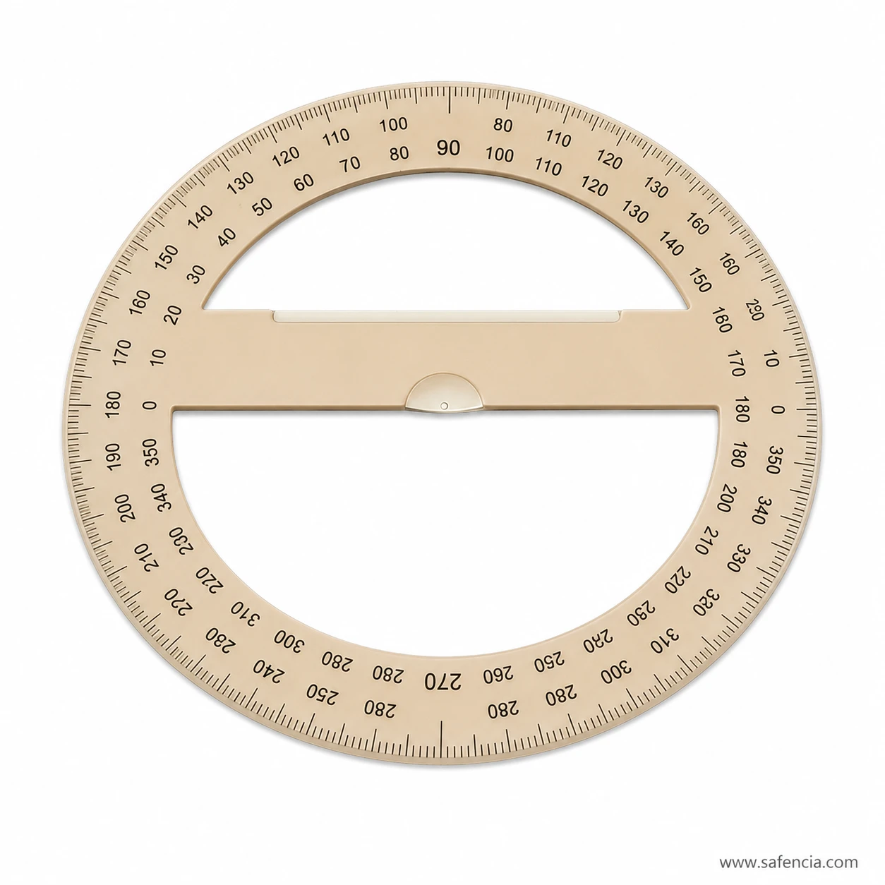 Circular 360 degree geometry protractor ring with straight centre bar on white background