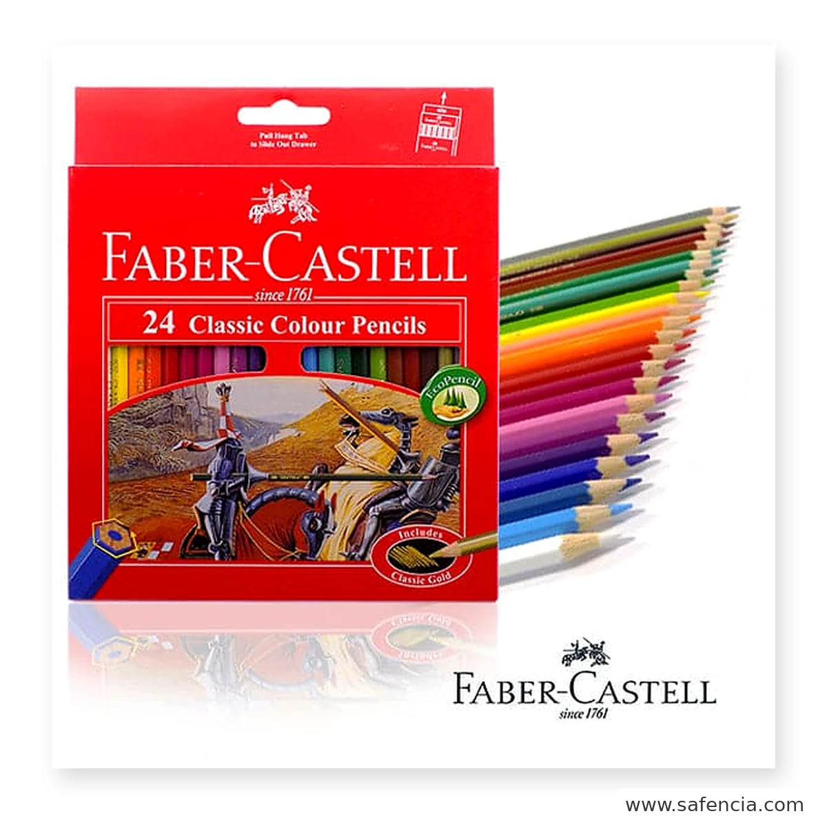 Faber-Castell Classic colour pencils 24 box showing the jousting knights artwork and the colour row along the top