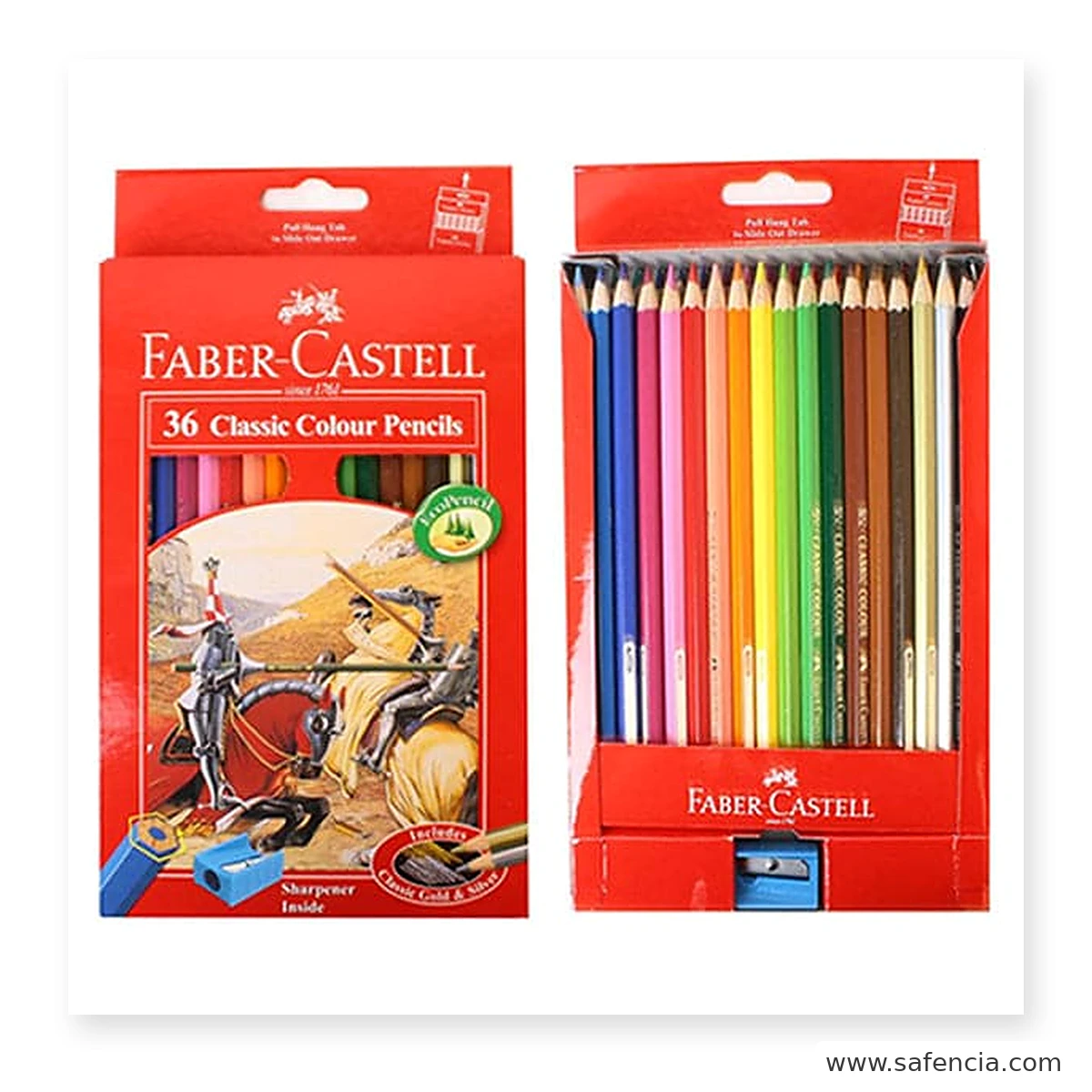 Faber-Castell Classic colour pencils 36 box in red card packaging with the pull hang tab slide-out drawer marking