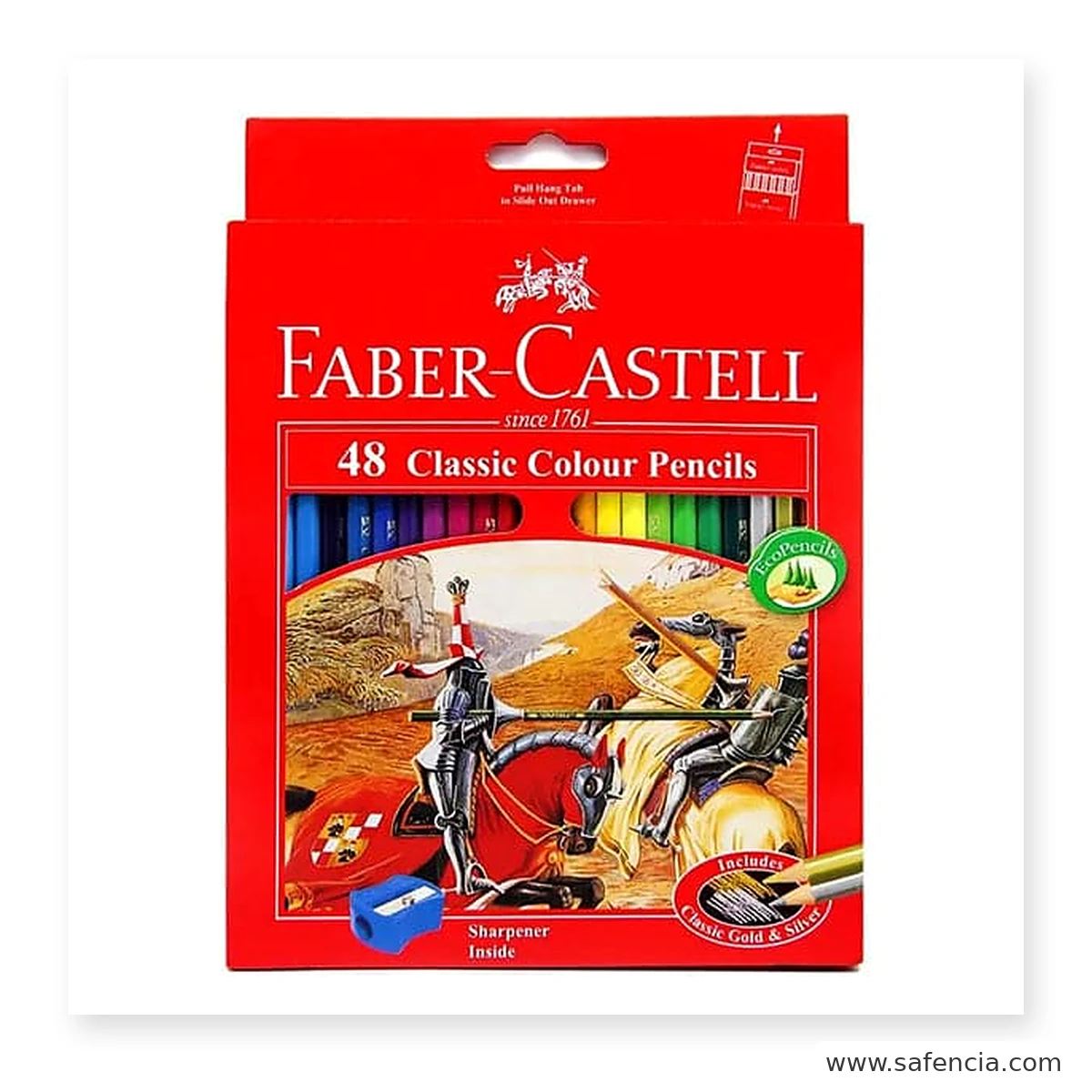 Faber-Castell Classic colour pencils 48 box marked sharpener inside, EcoPencils and Classic Gold and Silver colours