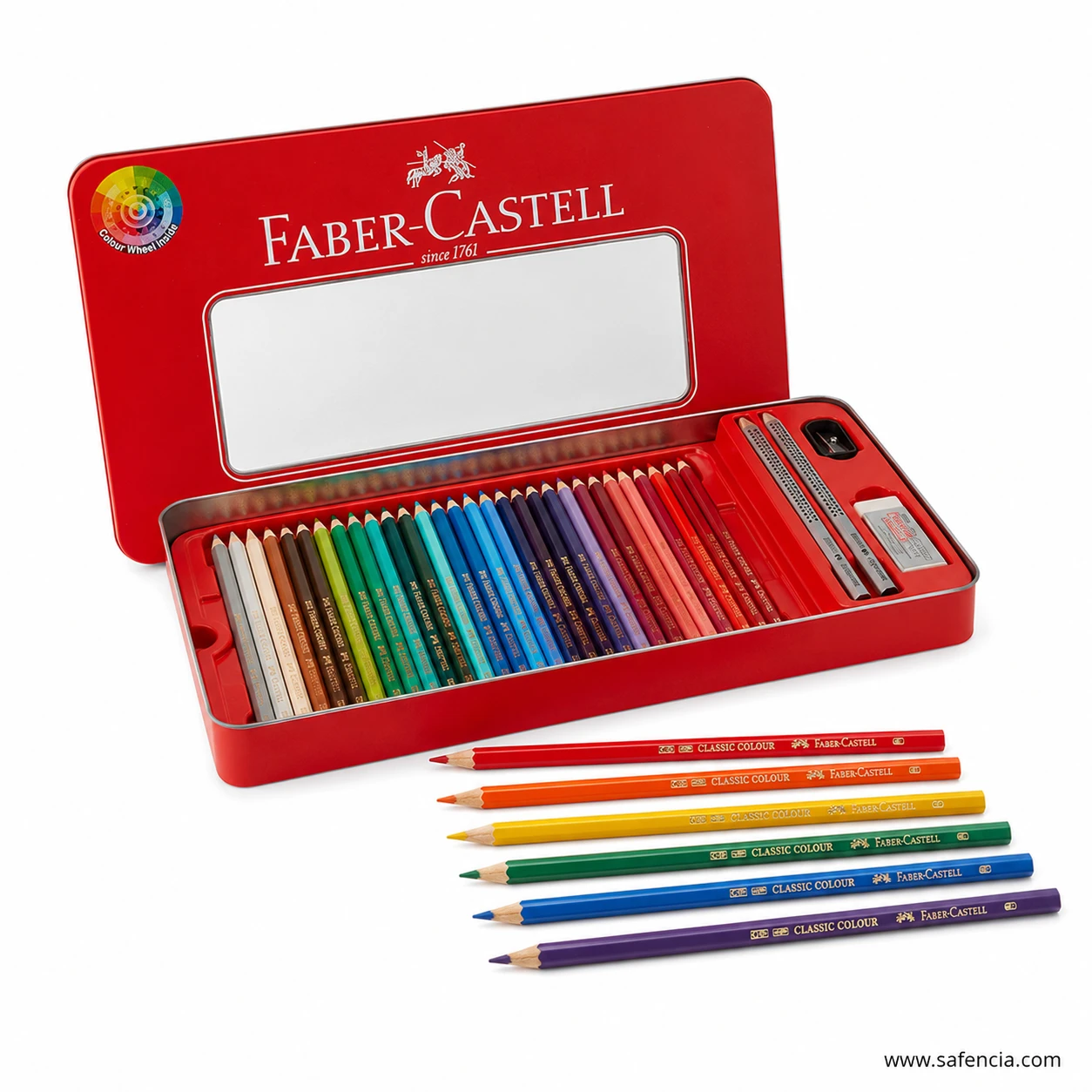Back view of Faber-Castell 60 classic colour pencils tin box with shade guide