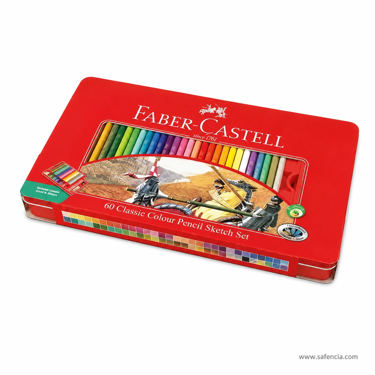 Faber-Castell 60 classic colour pencils tin held in hand showing package size