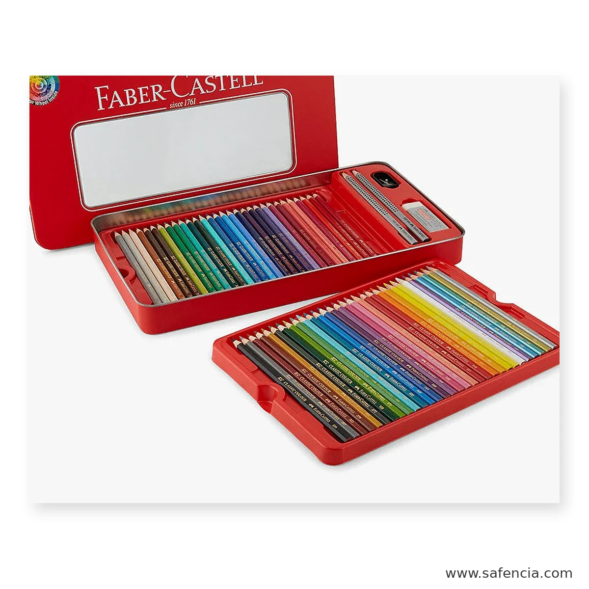 Detail of the Faber-Castell Classic 60 colour pencils tin showing the lid artwork and colour wheel inside marking