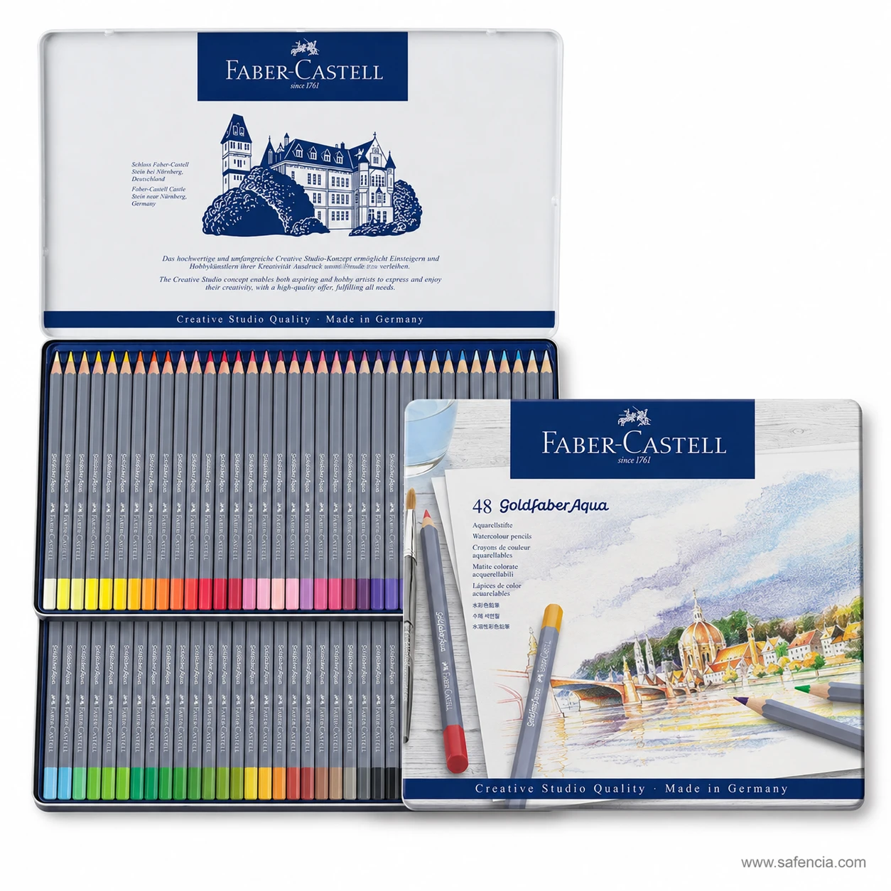 Faber-Castell Goldfaber Aqua water-soluble coloured pencils fanned out on white background