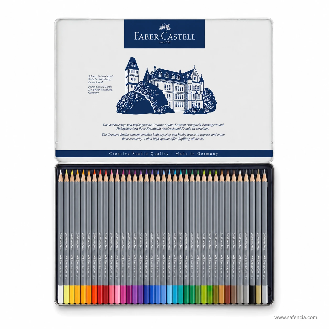 Closeup of hexagonal barrel and silver lettering on Faber-Castell Goldfaber Aqua pencils