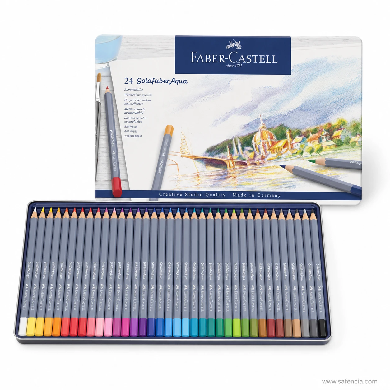 Faber-Castell Goldfaber Aqua watercolour pencils 24 tin showing a full fitted row of grey colour-dipped barrels