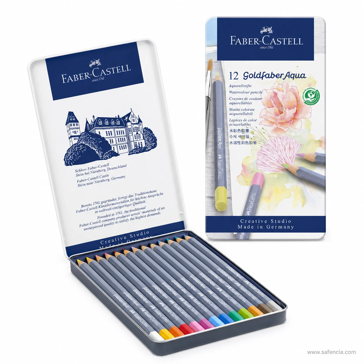 Faber-Castell Goldfaber Aqua watercolour pencils range shown with an open tin of grey barrels beside the printed box