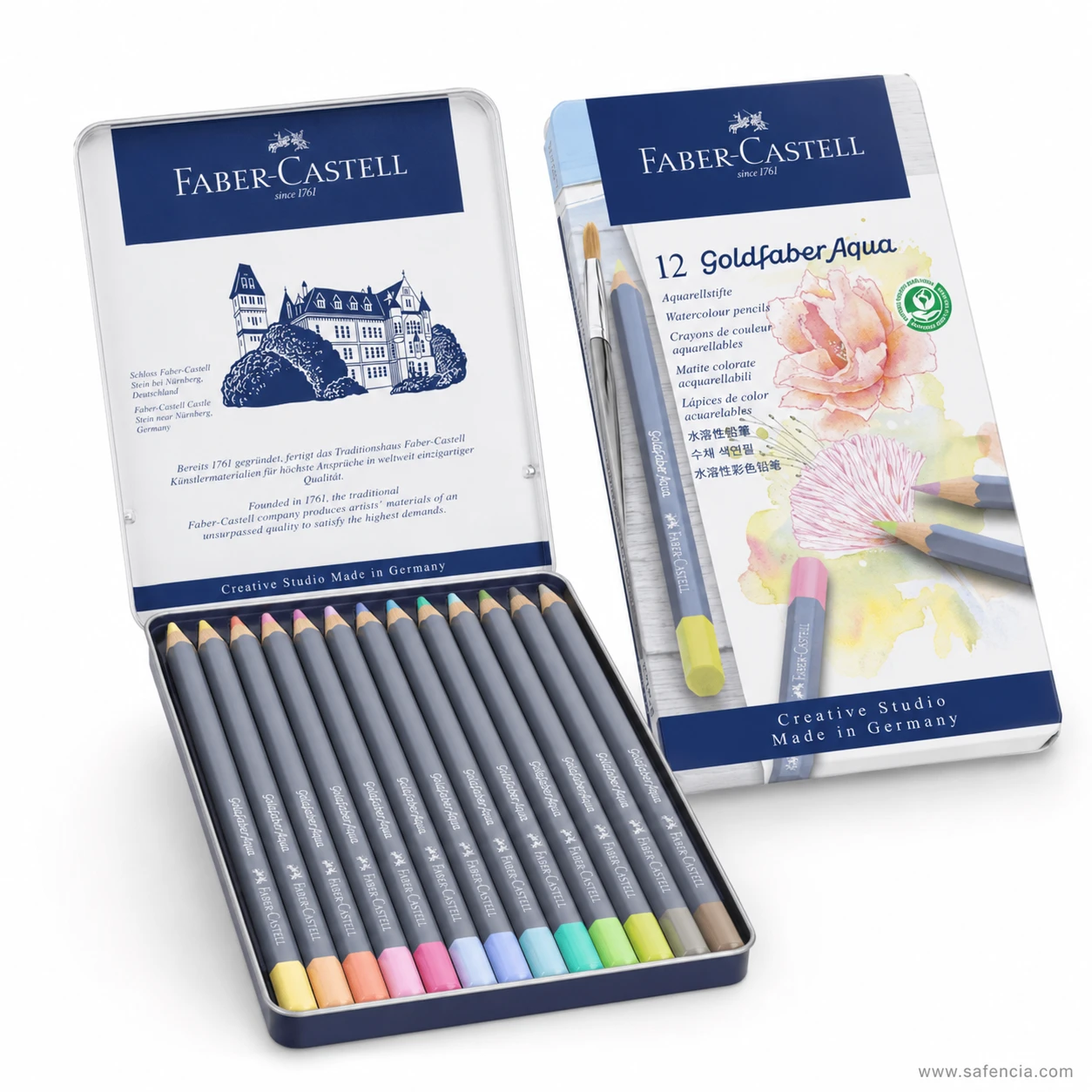 Goldfaber Aqua watercolour pencils tin open showing the Faber-Castell castle engraving printed inside the lid