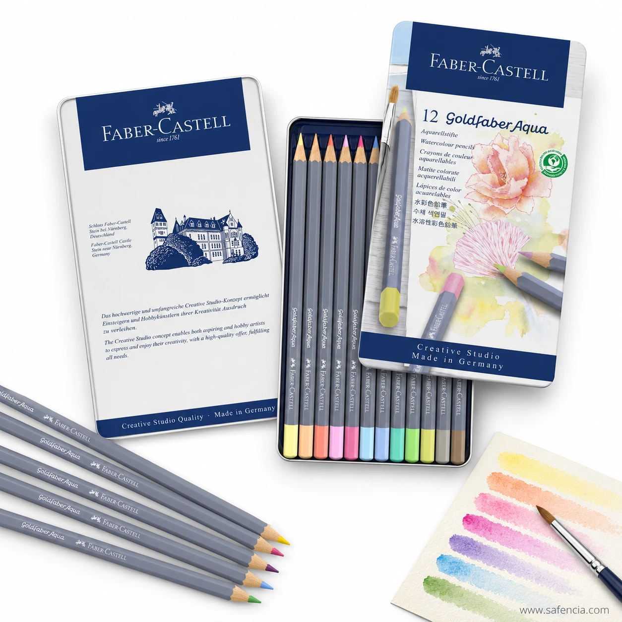 Goldfaber Aqua watercolour pencils shown with a painted swatch card and brush demonstrating how the colours wash out