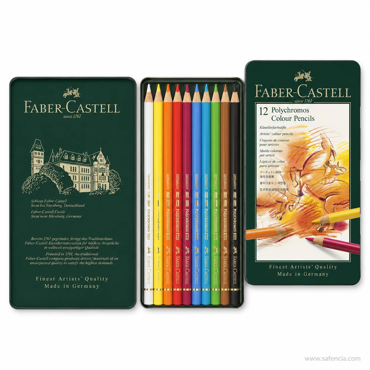Faber-Castell Polychromos colour pencils 12 tin set open showing the castle engraving inside the green hinged lid