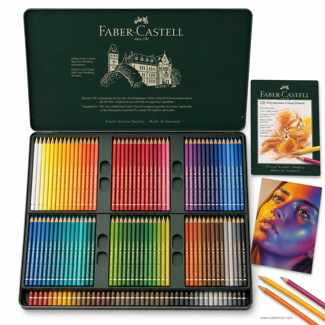 Faber-Castell Polychromos colour pencils 120 tin set open showing six fitted compartments of pencils by colour family