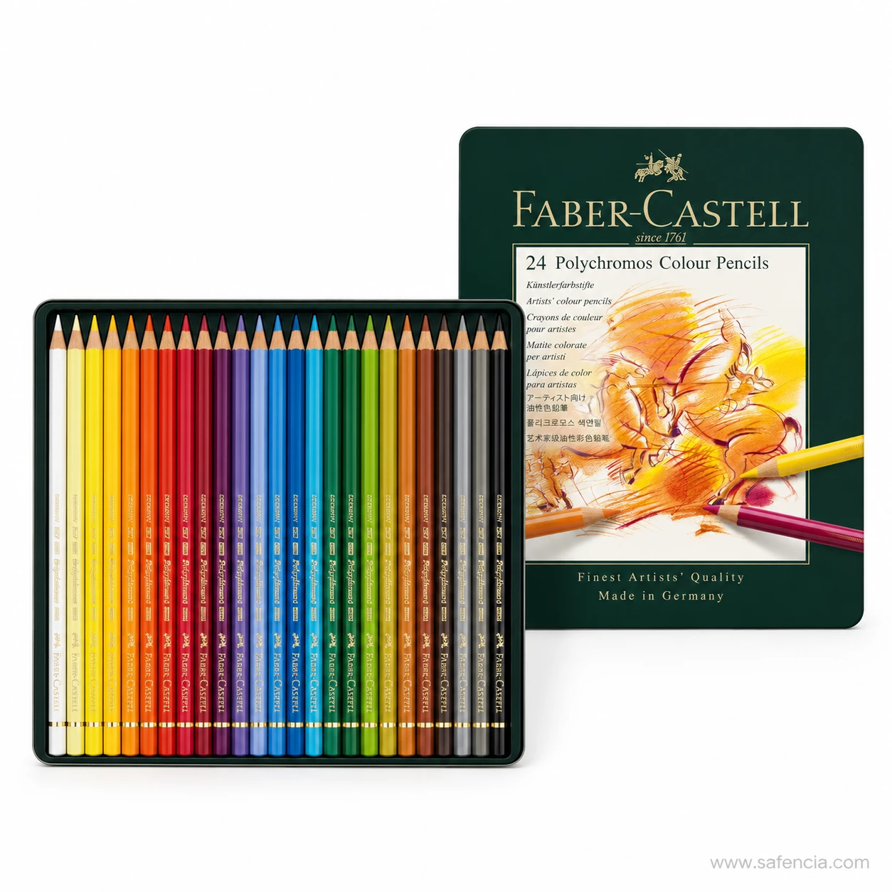Faber-Castell Polychromos colour pencils 24 tin set open beside the green lid printed Finest Artists Quality Germany