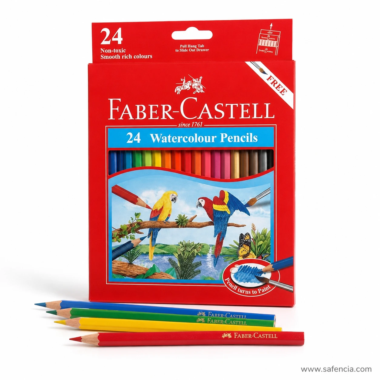 Faber-Castell watercolour pencils 24 pack box showing the free brush corner flag and pencil turns to paint marking