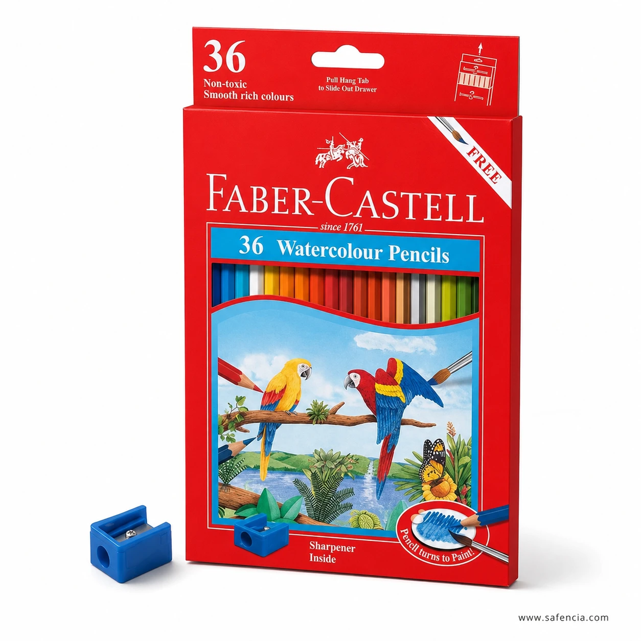 Faber-Castell watercolour pencils 36 pack box marked sharpener inside with the blue sharpener shown beside the box