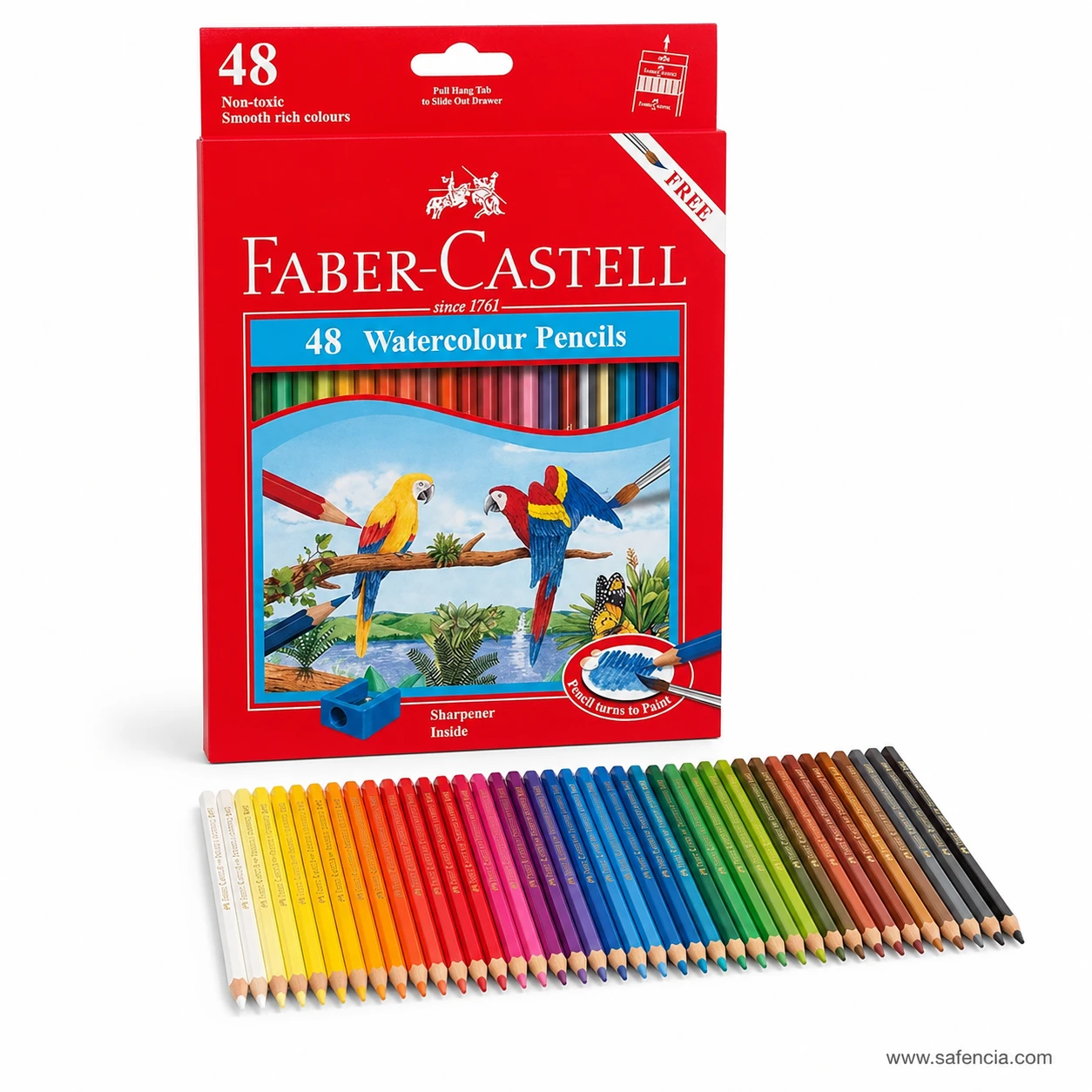 Faber-Castell watercolour pencils 48 pack box with the full row of forty-eight colour pencils fanned out in front