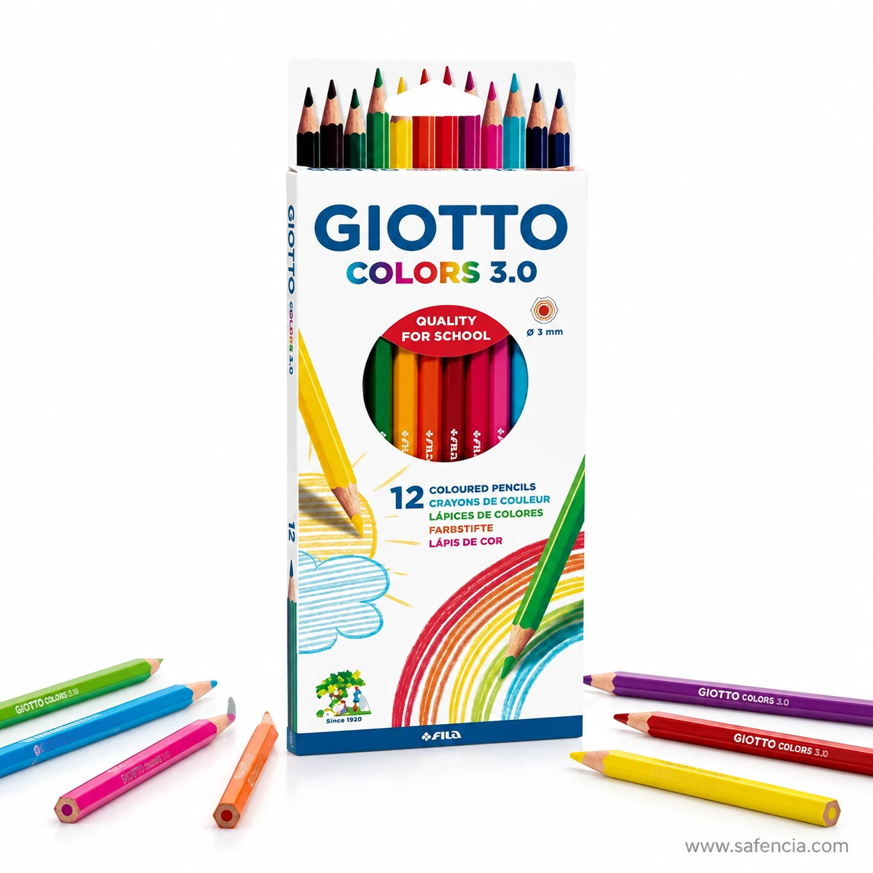 Detail of Giotto Colors 3.0 coloured pencils showing the hexagonal barrels printed with the Colors 3.0 and Fila marks