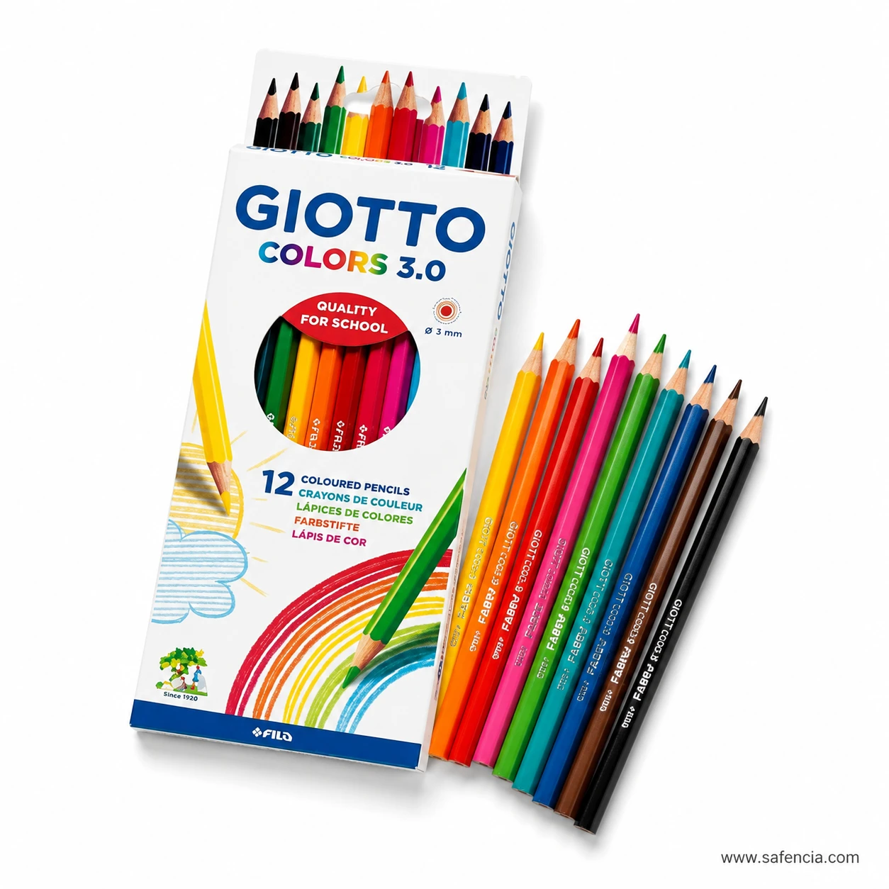 Giotto Colors 3.0 coloured pencils 12 set fanned beside the tilted box showing all twelve sharpened colour tips