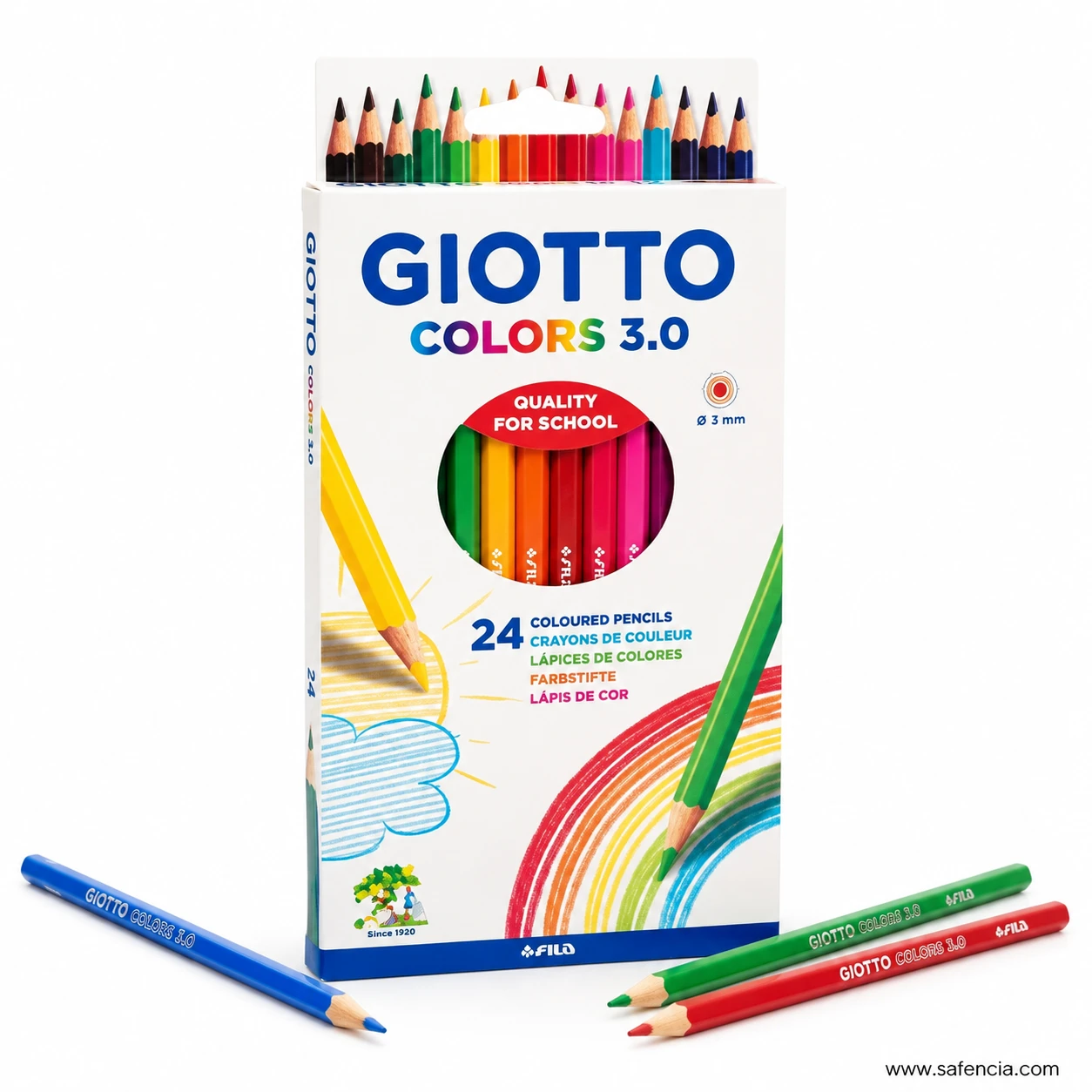Giotto Colors 3.0 coloured pencils 24 box standing upright with three loose hexagonal colour barrels in front
